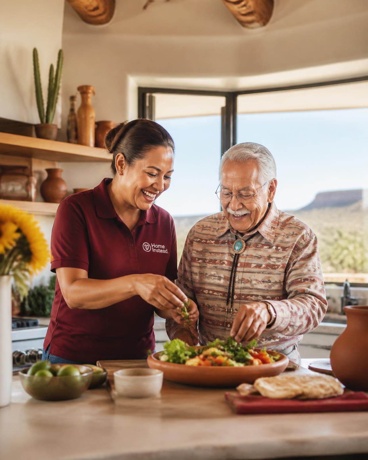 A caregiver and an elderly man preparing a fresh meal together in a bright southwestern kitchen