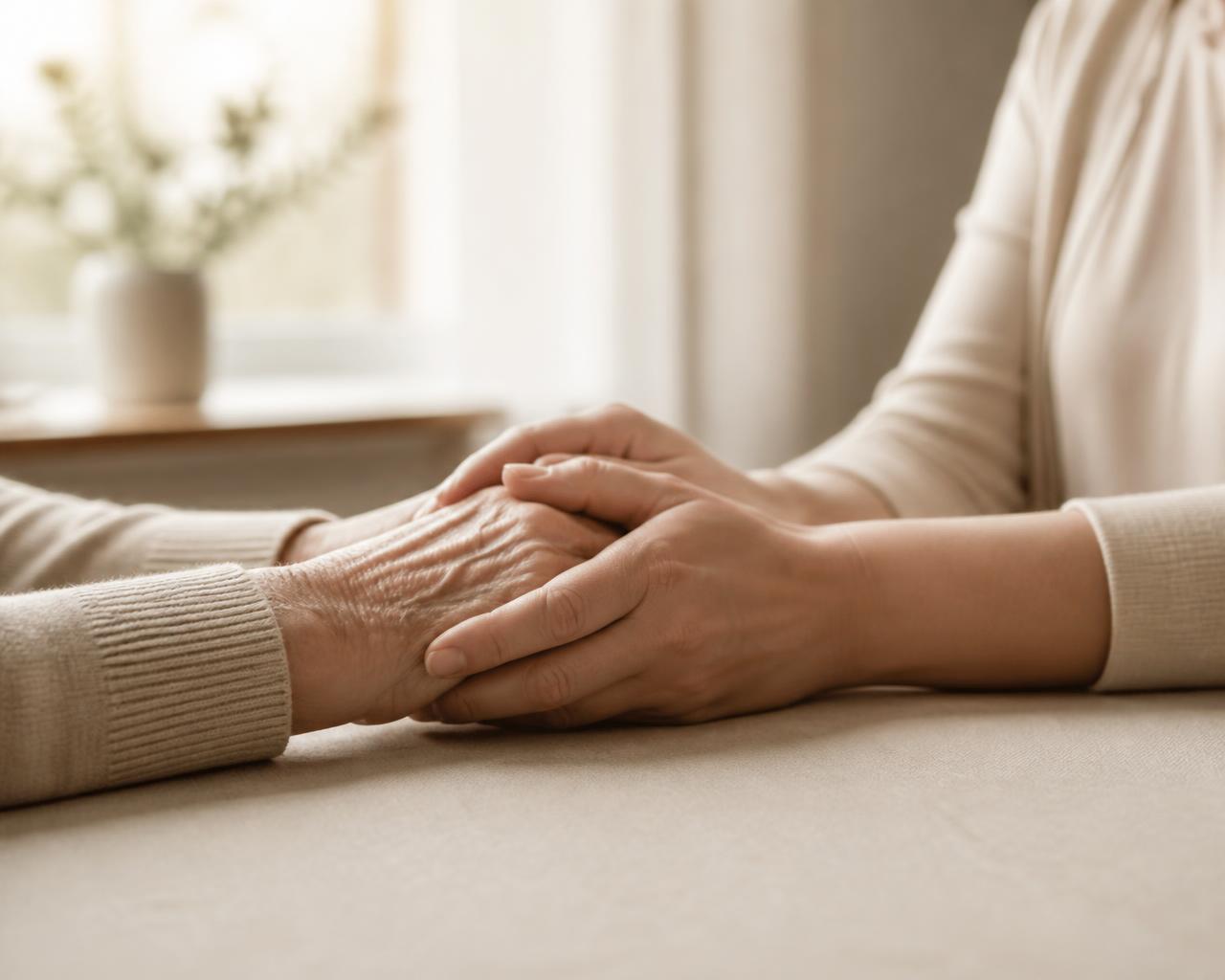 A caregiver gently holding the hands of an elderly client across a sunlit table